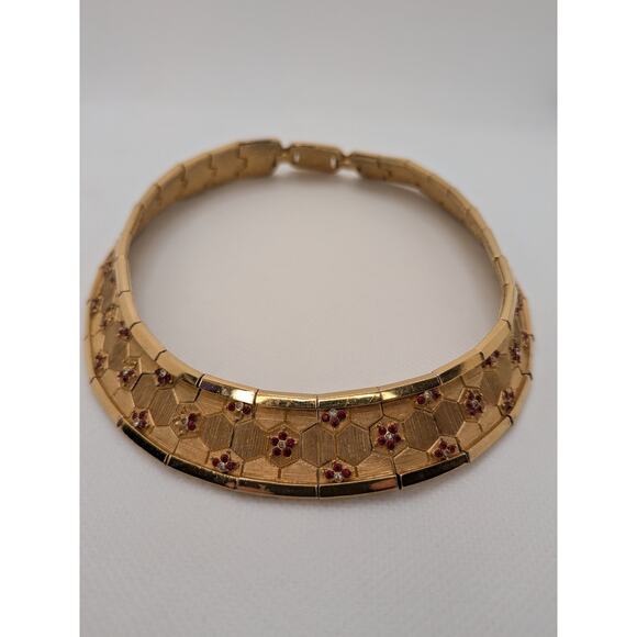 Boucher Jewelry - RARE! Vintage Gold BOUCHER Signed Red Rhinestone Flower Choker 16" & Extender